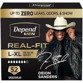 Depend Real Fit front packaging showing 52 count and L/XL benefits
