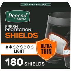 Depend front packaging showing 180-count and light absorbency benefit