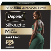 Depend silhouette front packaging showing count and maximum absorbency benefit