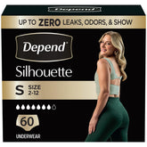 Depend Silhouette front packaging showing 60-count and small size benefit discreet protection