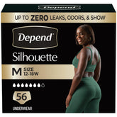 Depend silhouette front packaging showing 56 count and branding for discreet protection
