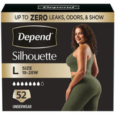Depend Silhouette front packaging showing count and large size for clear choice