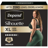 Depend silhouette front packaging showing product count and size for easy identification