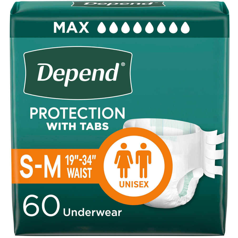 Depend front packaging showing 60-count tabs and size for discreet storage