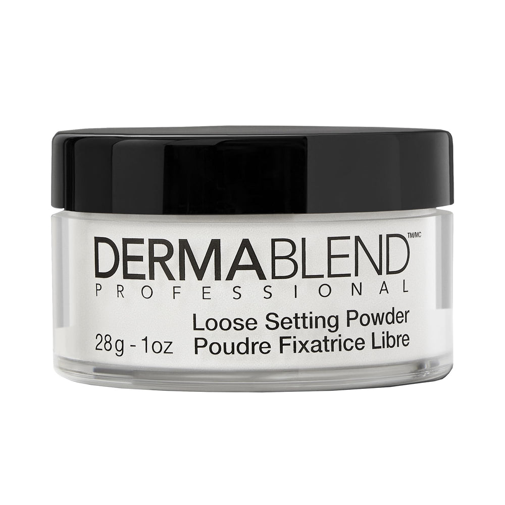 Dermablend jar front view showing translucent loose powder and secure lid benefit