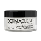 Dermablend jar front view showing translucent loose powder and secure lid benefit