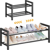 Detsuk front view of expandable metal shoe rack showing tidy storage benefit