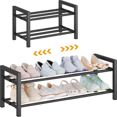 Detsuk front view of expandable metal shoe rack showing tidy storage benefit