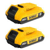 DEWALT 20V MAX compact 2.0Ah double pack front shows dual batteries and benefits