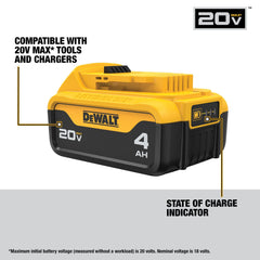 DEWALT battery LED indicator illuminated for quick state-of-charge checks