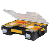 DEWALT front view closed organizer showing sturdy latches and carry handle for secure transport