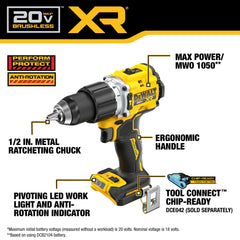 DEWALT impact driver close-up showing compact head and 30% more torque for heavy fastening