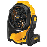 DEWALT portable fan front view showing durable housing and focused airflow benefit