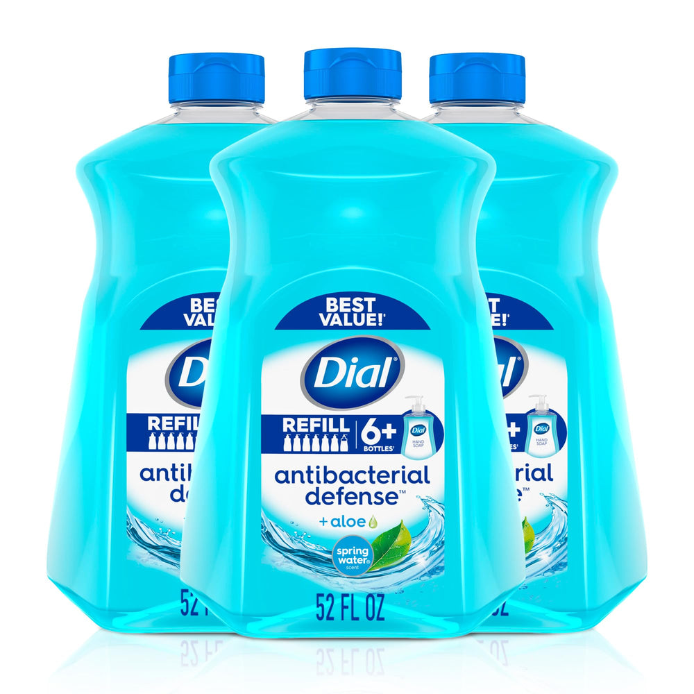 Dial spring water front packaging shows large refill volume and fresh scent benefit