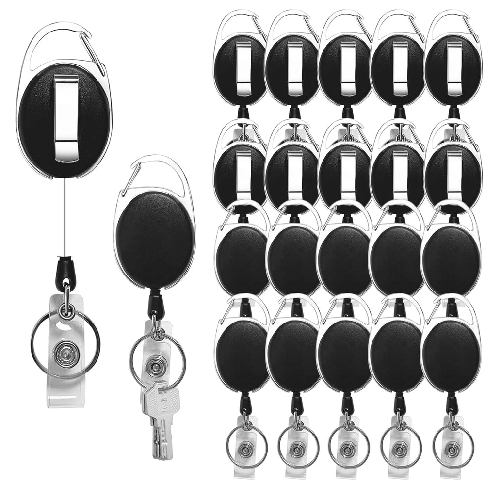 Diateklity front view showing 20-pack of black badge reels and packaging benefit convenience
