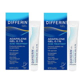 Differin tube front view showing brand and 45g 2ct packaging benefit of visible acne control