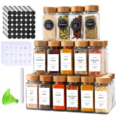 DIMBRAH front view of 24-piece spice jar set showing uniform glass and bamboo lids for neat storage