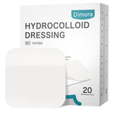 Dimora front packaging showing 20 hydrocolloid 4x4 patches and benefits