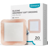 Dimora front packaging showing 20 count large 6x6 dressings and clear labeling benefit