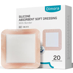 Dimora front packaging showing 20 count large 6x6 dressings and clear labeling benefit