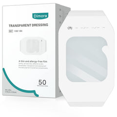 Dimora front pack showing 50-count clear dressing for convenient protection