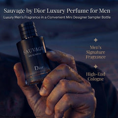 Hand holding Dior Sauvage 0.34 oz to show compact travel size and convenience