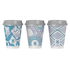 Dixie 12 oz cup with lid on table keeping beverage covered and warm