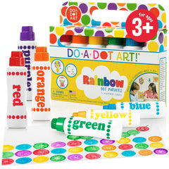 Do A Dot Art! front packaging showing six rainbow bottles and branding, clear benefits for classroom use