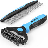 Docrok front view of blue brush and metal comb showing complete grooming set and quick results