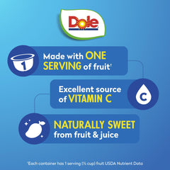 Dole open cup top view with diced mango and ready-to-eat benefit