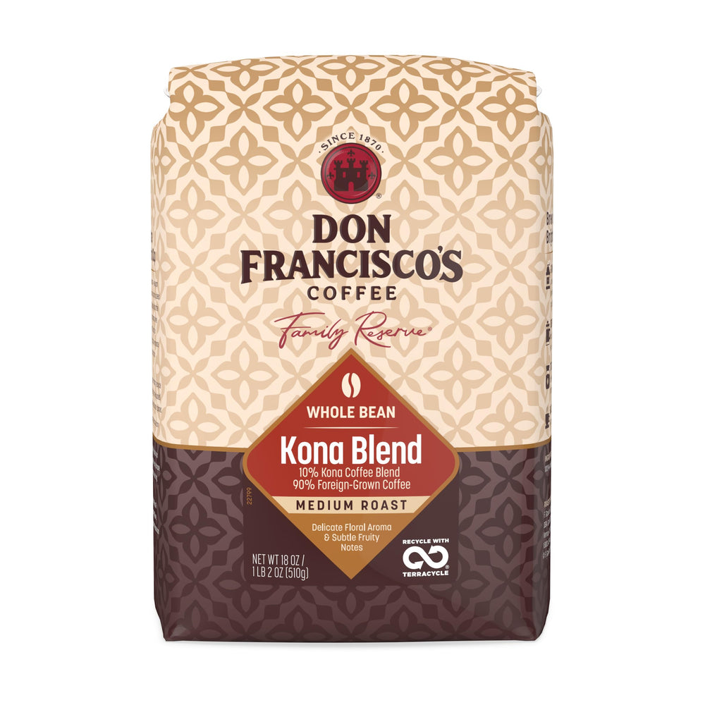 Don Francisco's front packaging showing 18 oz bag and medium roast benefit freshness