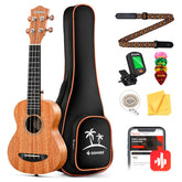 Donner ukulele front view showing mahogany body and clear tone