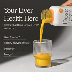 Dose for Your Liver liquid pour from bottle into shot glass demonstrating easy consumption benefit