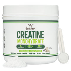 Double Wood front packaging showing micronized creatine and 100 servings benefit
