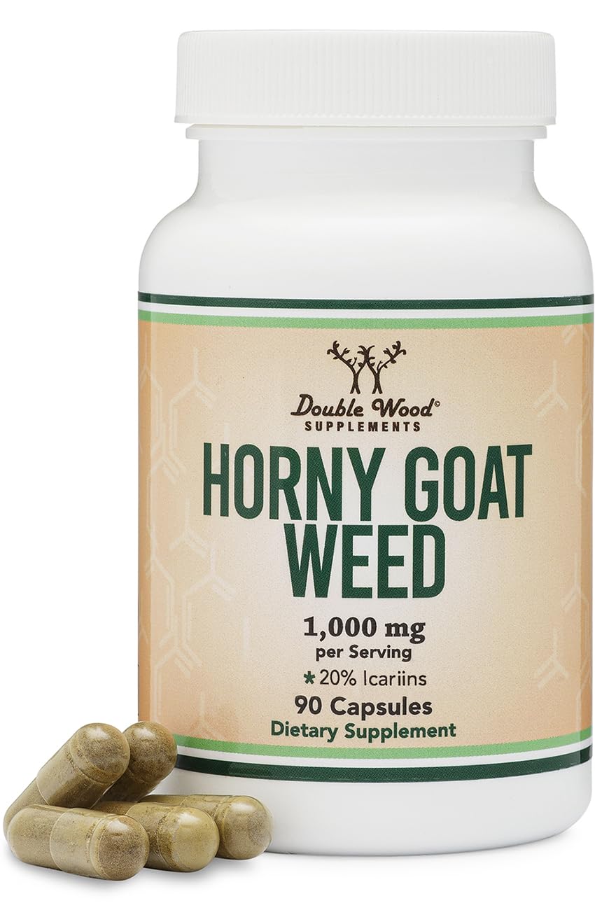Double Wood Horny Goat Weed bottle front view showing label and capsule count benefits clarity
