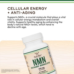 Detailed product label of Double Wood NMN highlighting 99% purity and dosage information