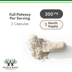 Double Wood label detail highlighting 300mg dose and non-GMO claim for transparency
