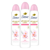 Dove Advanced Care front packaging showing three 3.8oz cans and benefit of skin care