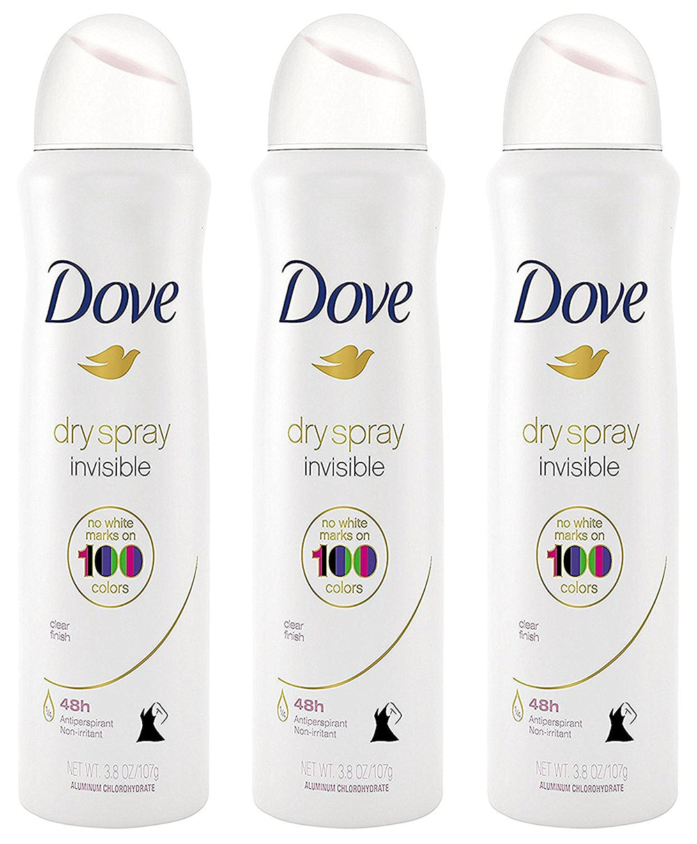 Dove antiperspirant dry spray front packaging showing clear finish benefit
