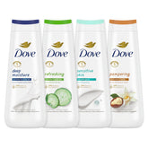 Dove collection front packaging showing four 20oz bottles and variety benefits