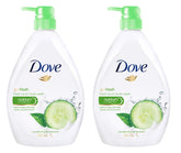 Dove Go Fresh front packaging showing two 33.8 fl oz bottles and value pack benefit
