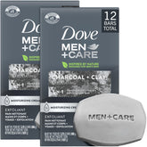 Dove Men+Care front packaging showing bar stack and charcoal scent benefit
