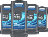 Dove Men+Care front packaging showing clean comfort and 72H protection benefit