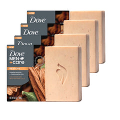 Dove Men+Care front packaging showing four sandalwood bars and product benefits