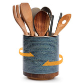 DOWAN front view of blue ceramic utensil holder showing neat design and capacity