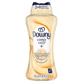Downy front packaging showing toasted vanilla scent and easy dosing benefit
