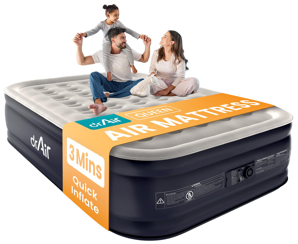 Dr. air front view of raised queen air mattress showing bed-like profile and comfort