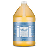 Dr. Bronner's gallon front label showing unscented refill and benefits