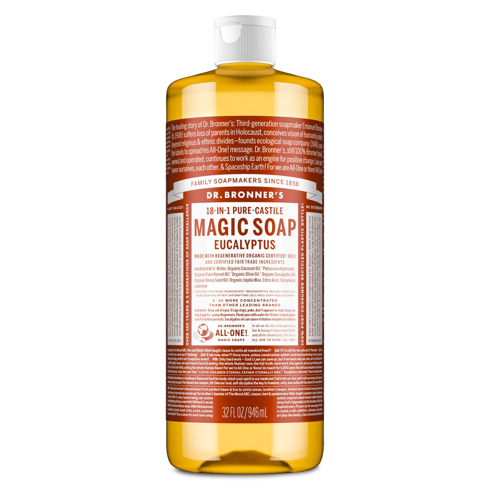 Dr. Bronner's eucalyptus front bottle showing label and size for clear identification and value