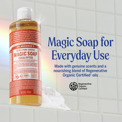 Dr. Bronner's bottle being dispensed to demonstrate concentrated pump use and economy